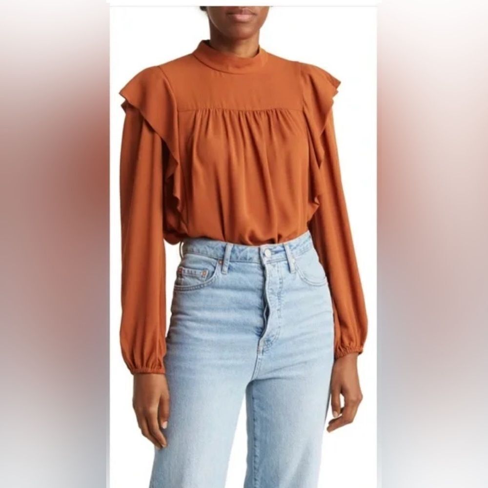 WAYF Mock Neck Ruffle Long Sleeve Blouse, M
